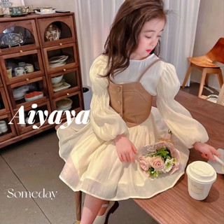 Aiyaya ชุดเด็กพร้อมส่ง เสื้อผ้าเด็กผู้หญิง ชุดเดรสเด็กผู้หญิง ชุดสวยเด็กผู้หญิง เสื้อกั๊ก+เดรชเด็กผู้หญิง ชุดเซต 2 ชิ้น（493）