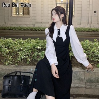 RUO BEI XUAN เดรสผู้หญิง เดรสแฟชั่น สไตล์เกาหลี แขนยาว ความยาวปานกลาง เดรสเจ้าหญิง เดรสคอปกผีเสื้อ