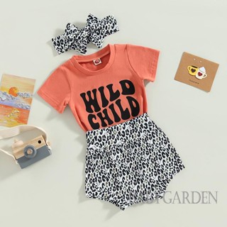 Babygarden-0-24 เดือน ชุดเสื้อผ้าเด็กผู้หญิง เสื้อแขนสั้น พิมพ์ลายตัวอักษร + กางเกงขาสั้น PP ลายเสือดาว + ที่คาดผม