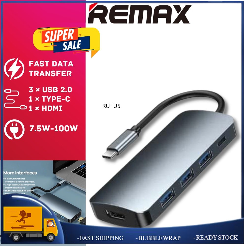 Remax RU-U5 5-in-1 Converter HUB 1 พอร์ต Type C ถึง 01 HDTV 03 พอร์ต USB 3.0 และ 01 พอร์ต Type C รวม