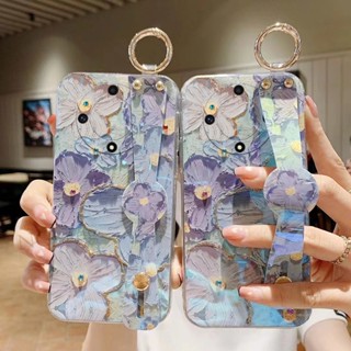 เคสโทรศัพท์มือถือ ซิลิโคนนิ่ม ลายภาพวาดสีน้ํามัน รูปดอกไม้สีม่วง พร้อมสายคล้อง สําหรับ Honor X9A