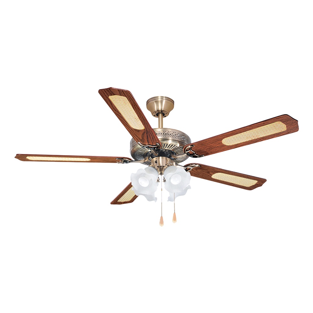 พัดลมโคมไฟพลายวู๊ด Exc WIN FAVOUR รุ่น A07P ขนาด 52 นิ้ว สีทองรมดำ - น้ำตาล