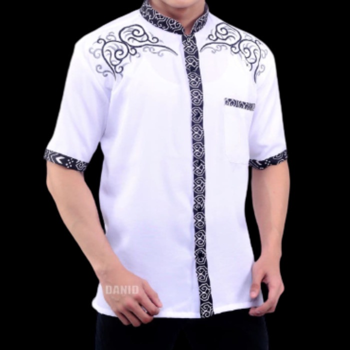 MUSLIM FASHION FOR MEN, WHITE KOKO, SHORT SLEEVES, BATIK COMBINATION - WHITE, M, TRENDY, LATEST, QUA