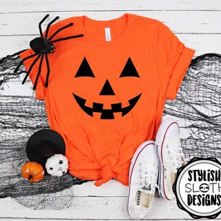 เสื้อยืดฤดูร้อน เสื้อยืดฮาโลวีน Funny Pumpkin Face Women T Shirts Orange Halloween T-shirt Causal Streetwear Fall Witch