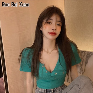 RUO BEI XUAN Woเสื้อยืดสตรีเวอร์ชั่นเกาหลีใหม่บางสั้นเซ็กซี่เฉพาะด้านบน