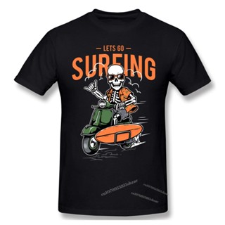 เสื้อยืดผู้ เสื้อยืดแขนสั้น ผ้าฝ้าย พิมพ์ลาย Lets Go Surfing skull แฟชั่นฤดูร้อน สําหรับผู้ชาย และผู้หญิง S-5XL