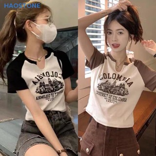 [HSNE] เสื้อยืดลําลอง คอกลม แขนสั้น พิมพ์ลาย สไตล์อเมริกัน เรโทร สําหรับผู้หญิง MCL