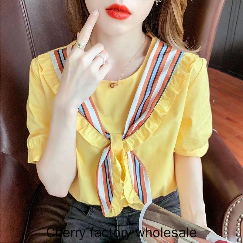เสื้อเชิ้ตแขนสั้น ประดับโบว์ สไตล์เกาหลี แฟชั่นสําหรับผู้หญิง