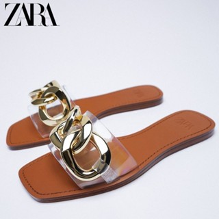 Zara รองเท้าแตะ เปิดนิ้วเท้า พื้นแบน แต่งสายโซ่ สีโปร่งใส แบบเรียบง่าย แฟชั่นฤดูร้อน สไตล์แฟรี่ สําหรับผู้หญิง 2022