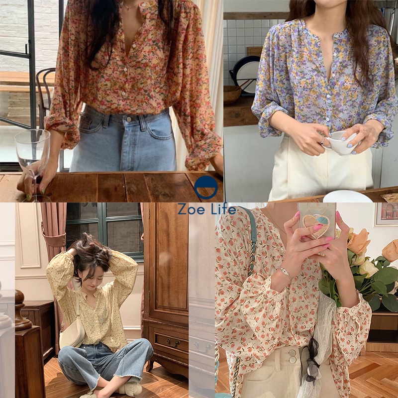 เสื้อชีฟองลายดอกไม้เล็กๆ น่ารักๆ ดีไซน์เสื้อคอวี ติดกระดุมแถวหน้า งานผ้าบางใส่สบายๆ