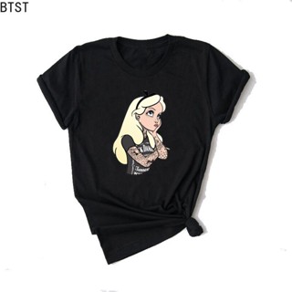 2022 Hot Style Alice In Wonderland Tattoo Snow White Print Vogue T Shirt Black Short Sleeve Kpop T-Shirt Casual Top_03