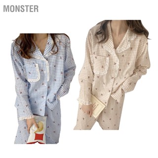 MONSTER ชุดนอน ชุดนอนน่ารัก ลายเชอร์รี่ แขนยาว เปิดหน้า หลวม