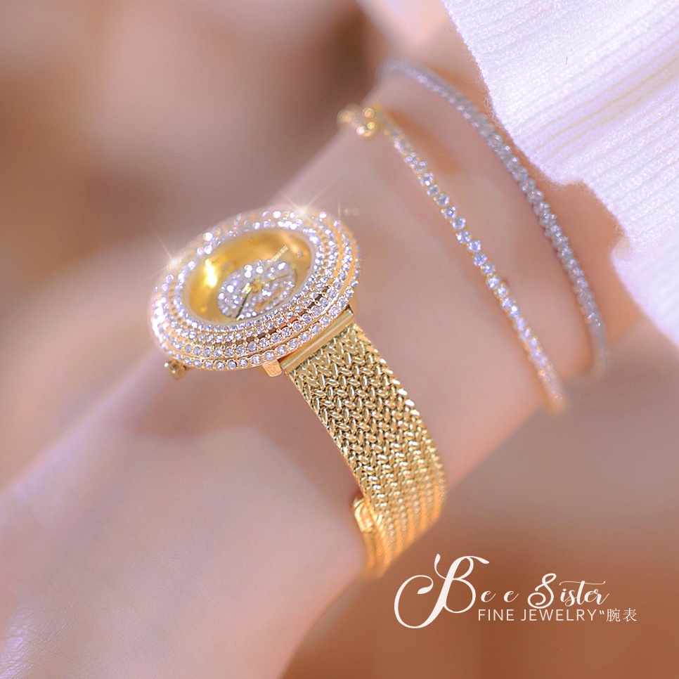 Bs Bee Sister นาฬิกาข้อมือควอตซ์แฟชั่น สายแสตนเลส ประดับเพชรเทียม กันน้ํา หรูหรา ของขวัญวาเลนไทน์ สําหรับผู้หญิง
