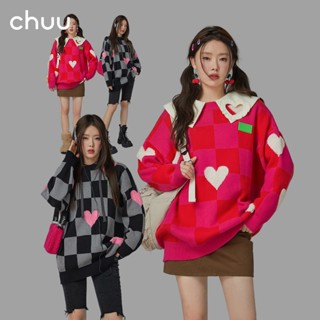 CHUU Plaid Sweater for Women 2023 Winter New Labeling Fashionable Long Sleeve round Neck Love Contrast Color Sweater