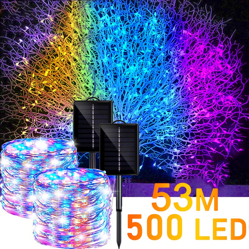 สายไฟหิ่งห้อย LED 500 ดวง พลังงานแสงอาทิตย์ กันน้ํา ยาว 53 เมตร สําหรับตกแต่งสวน ลานบ้าน