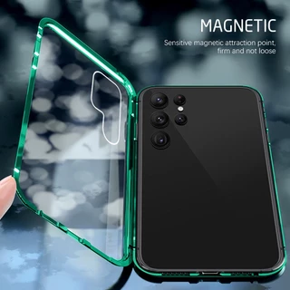 สําหรับ Samsung Galaxy S25 S24 S23 Ultra Plus S25Ultra S23Plus S23 + S23FE 5G Flip กันกระแทกปลอกสองด้านกระจกนิรภัยเคสโทรศัพท์โลหะแม่เหล็ก Hard ป้องกันปกหลัง
