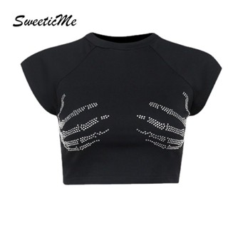 Sweeticme ใหม่ เสื้อยืดลําลอง แขนสั้น คอกลม เข้ารูป สีพื้น แฟชั่นสําหรับสตรี 2023