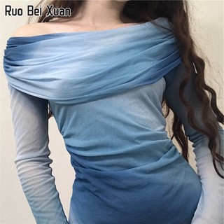 RUO BEI XAUN เสื้อยืดแขนยาวผู้หญิง 2023 ใหม่คอเดียวประกบพิมพ์มัดย้อมตาข่ายเสื้อยืดแขนยาวสลิม