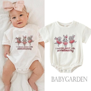 Babygarden-0-24months ชุดรอมเปอร์ แขนสั้น คอกลม พิมพ์ลายกระต่าย สีขาว สําหรับเด็กผู้หญิง