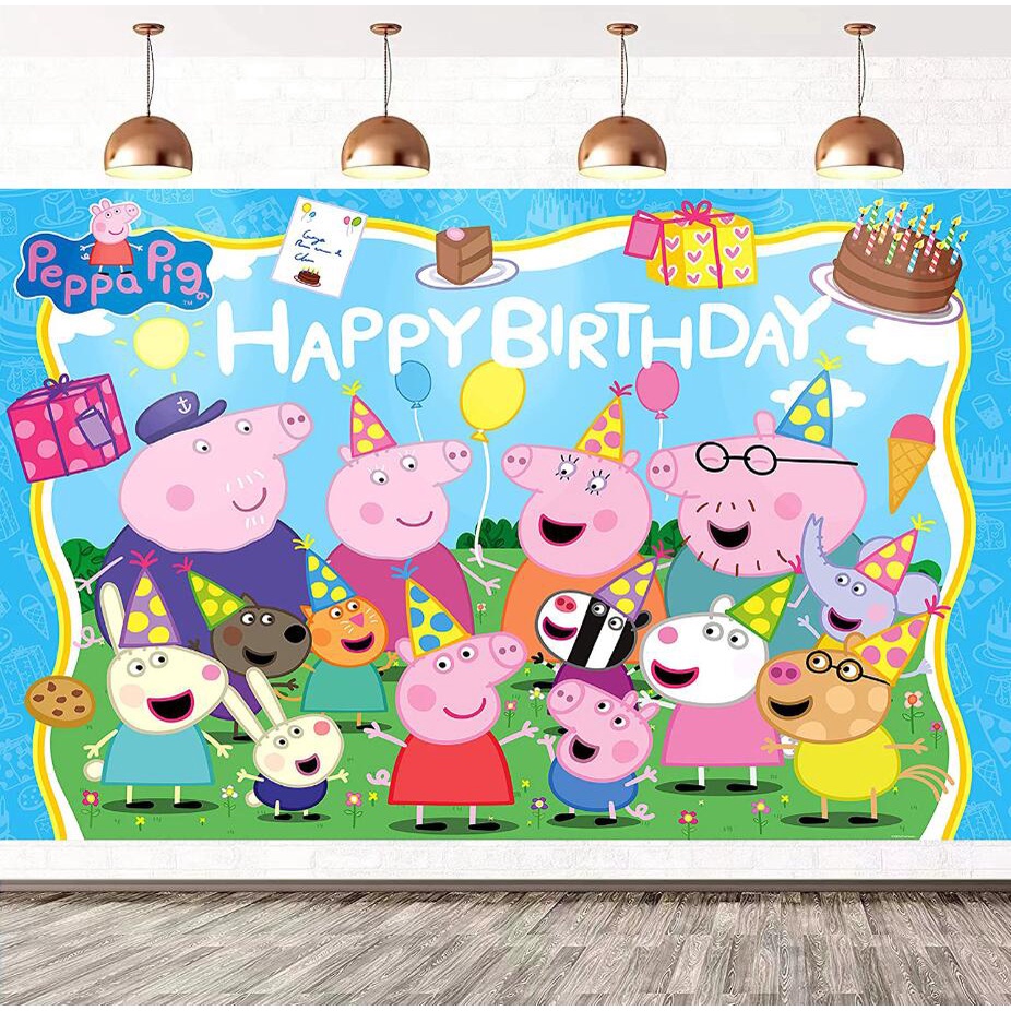 ฉากหลังถ่ายภาพธีม Peppa Pig สําหรับแบนเนอร์ตกแต่งงานเลี้ยงวันเกิดที่มีความสุขไวนิล