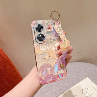 ใหม่ พร้อมส่ง เคสโทรศัพท์มือถือ TPU นิ่ม ลายดอกไม้ สีม่วง สีชมพู พร้อมสายรัดข้อมือ สําหรับ OPPO A58 A78 4G A584G 2023