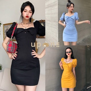 เดรสกระโปรงสั้น ชุดเดรสคอเหลี่ยม  มินิเดรสสีพื้น  เดรสสั้นสีพื้น แต่งโบว์หน้า