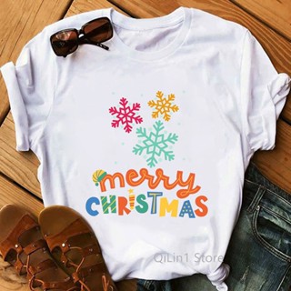 Snowflake Print Lady Merry Christmas T Shirt Women Lovely Xmas Tee Custom Festival T-shirt Femme Party Clothes New Year