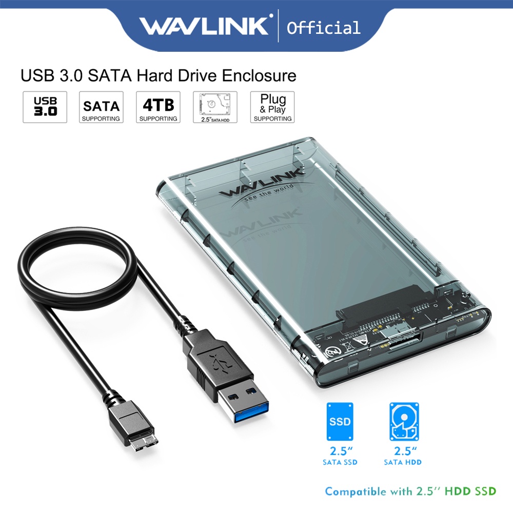 Wavlink ฮาร์ดไดรฟ์ภายนอก 2.5 นิ้ว USB3.0 เป็น SATA III สําหรับ HDD SSD 7 มม. 9.5 มม. 2.5 นิ้ว รองรับสูงสุด 4TB พร้อม UASP สําหรับ WD Seagate Samsung PS