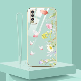 เคสโทรศัพท์มือถือ ลายดอกไม้ ผีเสื้อ พร้อมสายคล้อง หรูหรา สําหรับ Vivo Y20 2021 Y20i Y20S G Y12S 2021 Y20A Y12A Vivo 2026