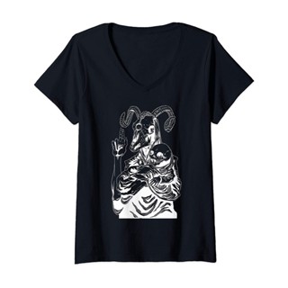 Womens Holy Baphomet with Baby Goat of Mendes Satan Lucifer Jesus V-Neck T-Shirt(1)_02