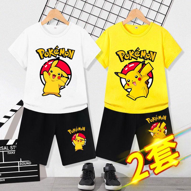 เสื้อยืดแขนสั้น ผ้าฝ้ายแท้ พิมพ์ลายการ์ตูนปิกาจู โปเกม่อนน่ารัก และกางเกงขายาว สําหรับเด็กผู้ชาย และเด็กผู้หญิง สองชิ้น