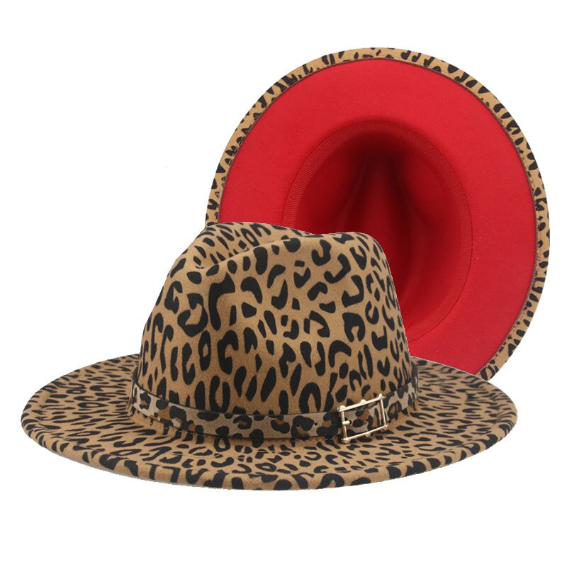 4bo Fedora หมวกผู้หญิงเสือดาวสีแดง Patchwork หมวกสำหรับชาย Hip Hop Street Vintage Leopard รูปแบบ Fedora หมวก  hjo