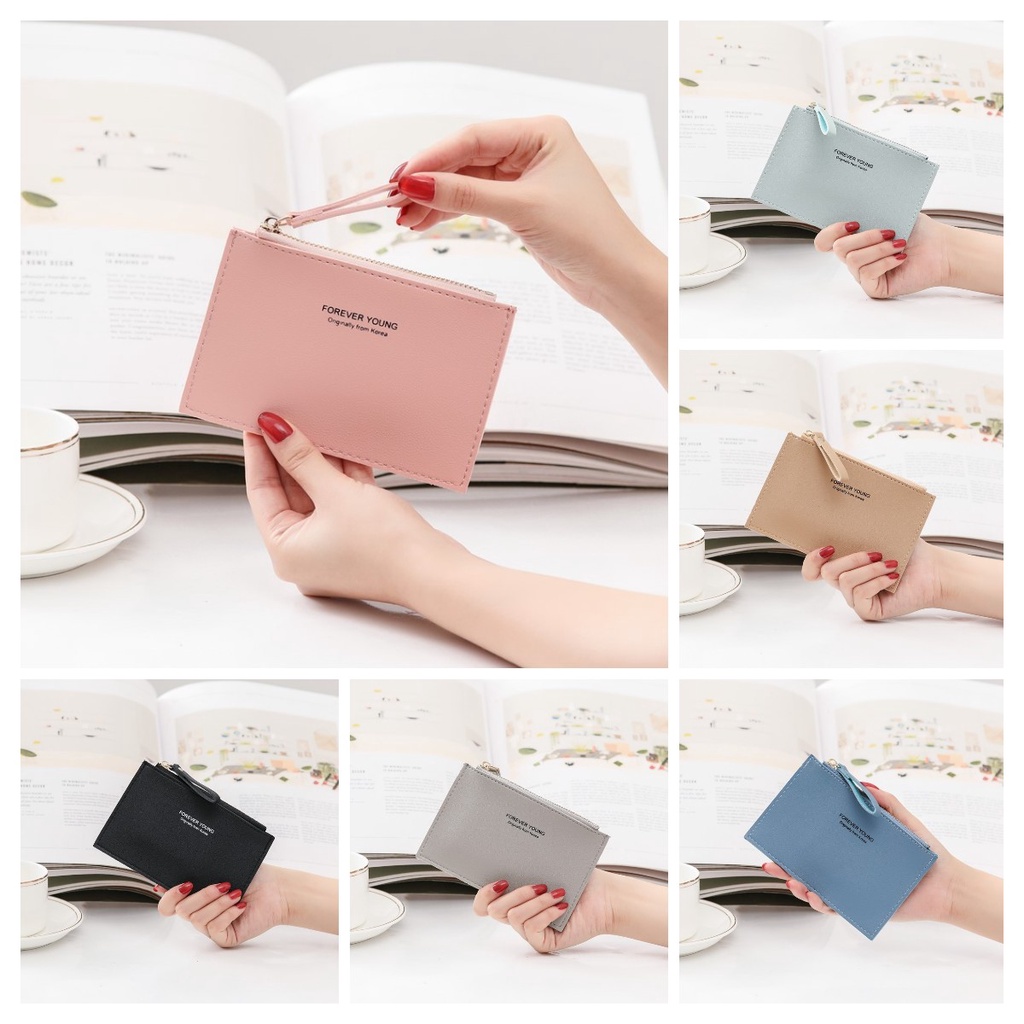 กระเป๋าสตางค์ ใบสั้น แบบบาง แต่งซิป ใส่เหรียญได้ แบบพกพา แบบเรียบง่าย สไตล์เกาหลี สําหรับผู้หญิง