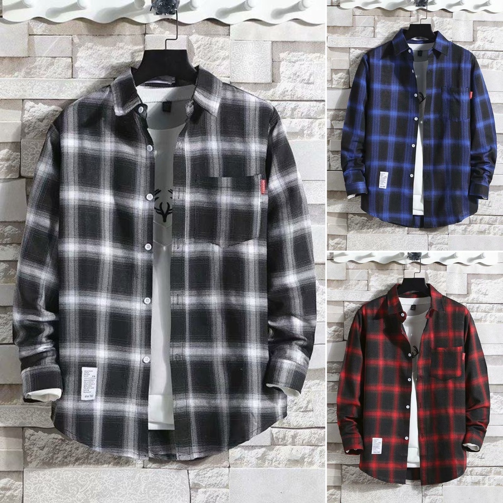 S-5XL เสื้อเชิ้ตแขนยาวลายสก๊อตเรียบง่ายแฟชั่นฤดูร้อนสไตล์เกาหลีขนาดใหญ่สีแดงเสื้อเชิ้ตลำลองผู้ชาย
