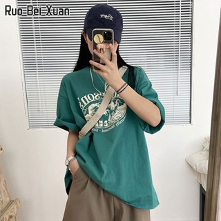 RUO BEI XUAN เสื้อยืดสตรีแฟชั่นสไตล์เกาหลีพิมพ์ลายแขนสั้นทรงหลวมด้านบน