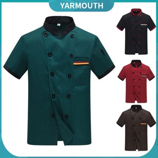 Yyr--เสื้อแจ็กเก็ตเชฟ แขนสั้น คอปก กระดุมคู่ สีพื้น สําหรับเชฟทุกเพศ