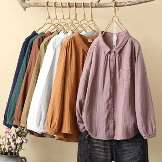 เสื้อเชิ้ตแขนยาวลําลอง ผ้าฝ้าย และผ้าลินิน ทรงหลวม มีกระเป๋าเสื้อ เหมาะกับฤดูใบไม้ผลิ สําหรับผู้หญิง