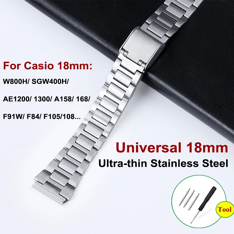 สายนาฬิกาข้อมือ สเตนเลส 18 มม. พร้อมหัวเข็มขัดพับได้ สําหรับ Casio W800h AE1200 F91W Casio F 91W