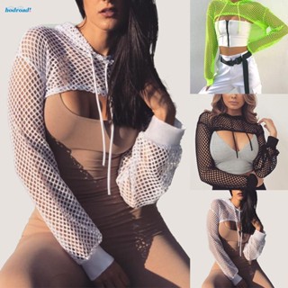 【HODRD】Womens Crop Top Mesh Hoodie Shirts Fishnet Long-Sleeve T Shirt Sweatshirt【Fashion】