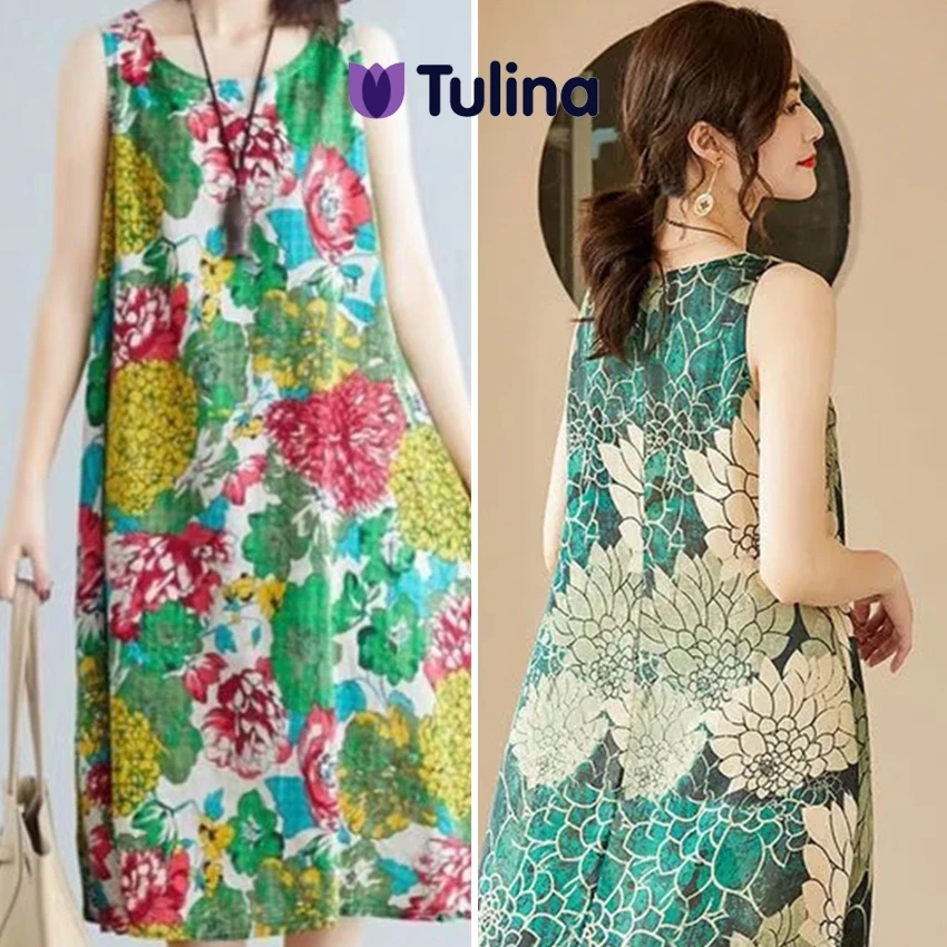 เดรสยาวสีเขียว ลายดอกไม้ คอกลม ลายดอกไม้สดชื่น เดรสแขนกุดทรงสวย สำหรับผู้ใหญ่