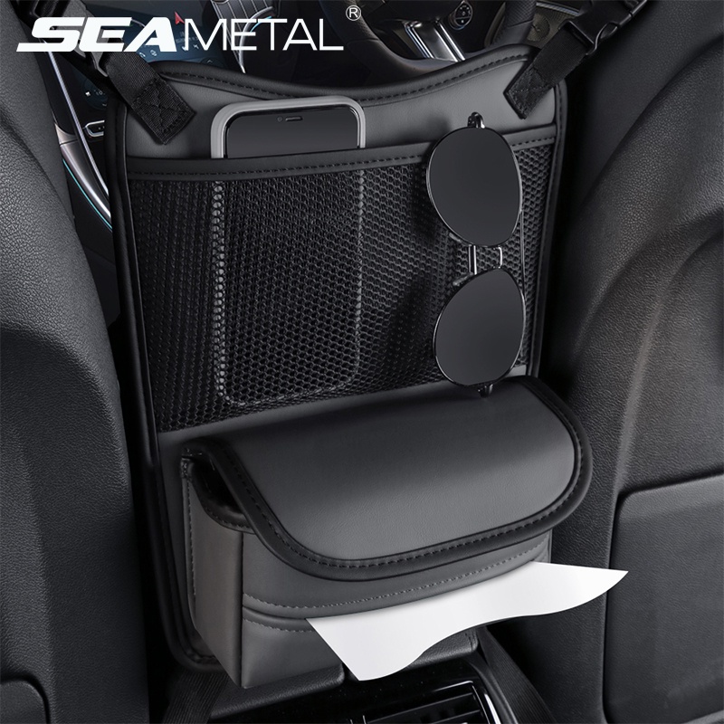 Seametal กระเป๋าหนังเก็บทิชชู่ แบบสองด้าน อเนกประสงค์ สีส้ม สําหรับติดรถยนต์
