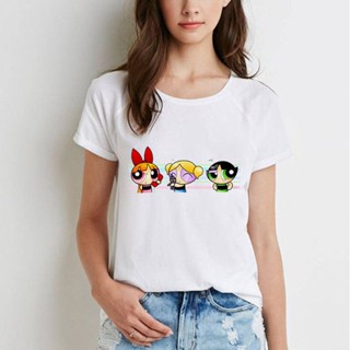 Fashion The Powerpuff Girls Tshirt for Women Short Sleeve Cute Cartoon Plus Size Casual Funny Ins Cotton&amp;Polyester _02 ข