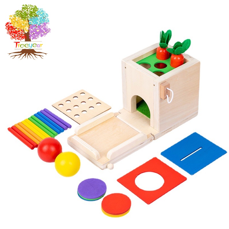 Treeyear Montessori กล่องของเล่นไม้ 4 in 1 รูปแครอท เพื่อการเรียนรู้ สําหรับเด็ก 1 2 ปี