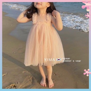 Korean style childrens clothing girls summer Pengpeng yarn princess dress childrens western style bow dress baby suspender dress