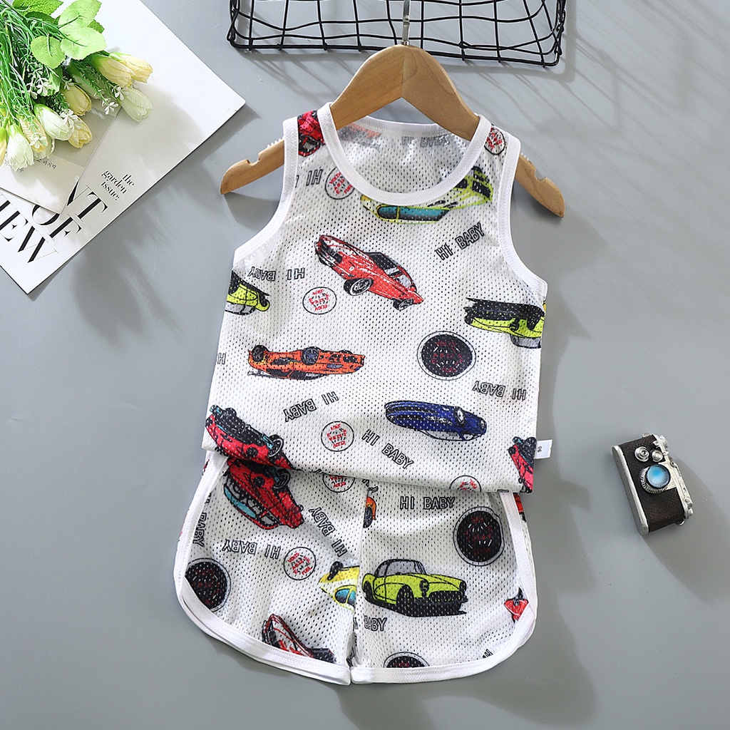 พร้อมส่ง ชุดเสื้อกั๊ก กางเกงขาสั้น แบบบาง ระบายอากาศ พิมพ์ลาย สไตล์เกาหลี แห้งเร็ว สําหรับเด็ก 80-140 ซม.