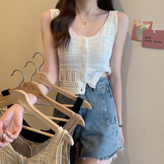 Shein🔥เสื้อกล้ามไหมพรมบางแต่งฉลุ เสื้อสายเดี่ยวแขนกุด  ผ้านิ่มใส่สบาย 88102