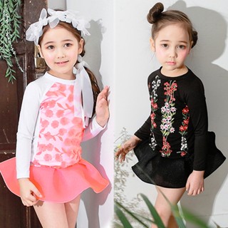 BBB Infant Baby Girls Floral Prints Long Sleeve Split Swimwear Kids Quick Drying Swimsuit Beach Dress Dancing Lace Dress