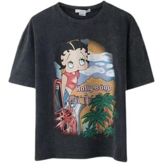 เสื้อยืดแขนสั้นลําลอง พิมพ์ลายการ์ตูน Betty boop ทรงหลวม แฟชั่นฤดูร้อน สําหรับสตรี