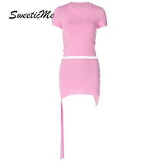 Sweeticme ใหม่ เสื้อยืดคอกลม แขนสั้น ลําลอง เข้ารูป สีพื้น พร้อมกระโปรงสั้น แฟชั่นสําหรับสตรี 2023