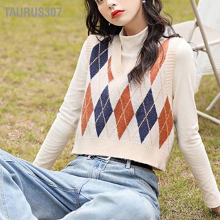 Taurus307 V คอเสื้อถักสไตล์ญี่ปุ่น Diamond Block Plaid ผู้หญิงสั้นทับซ้อนกันสวมเสื้อกันหนาว